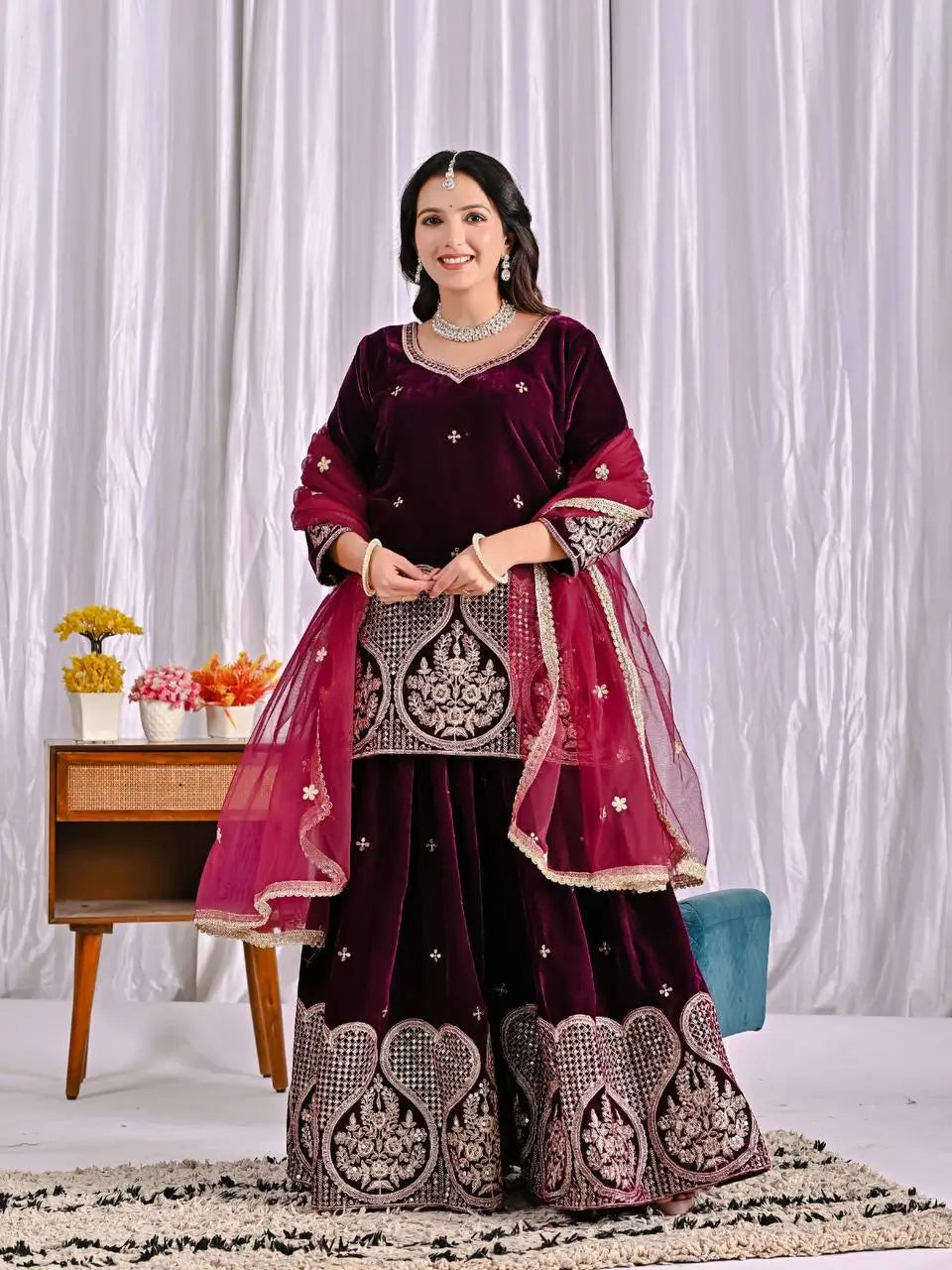 Embroidered Velvet Sharara Set