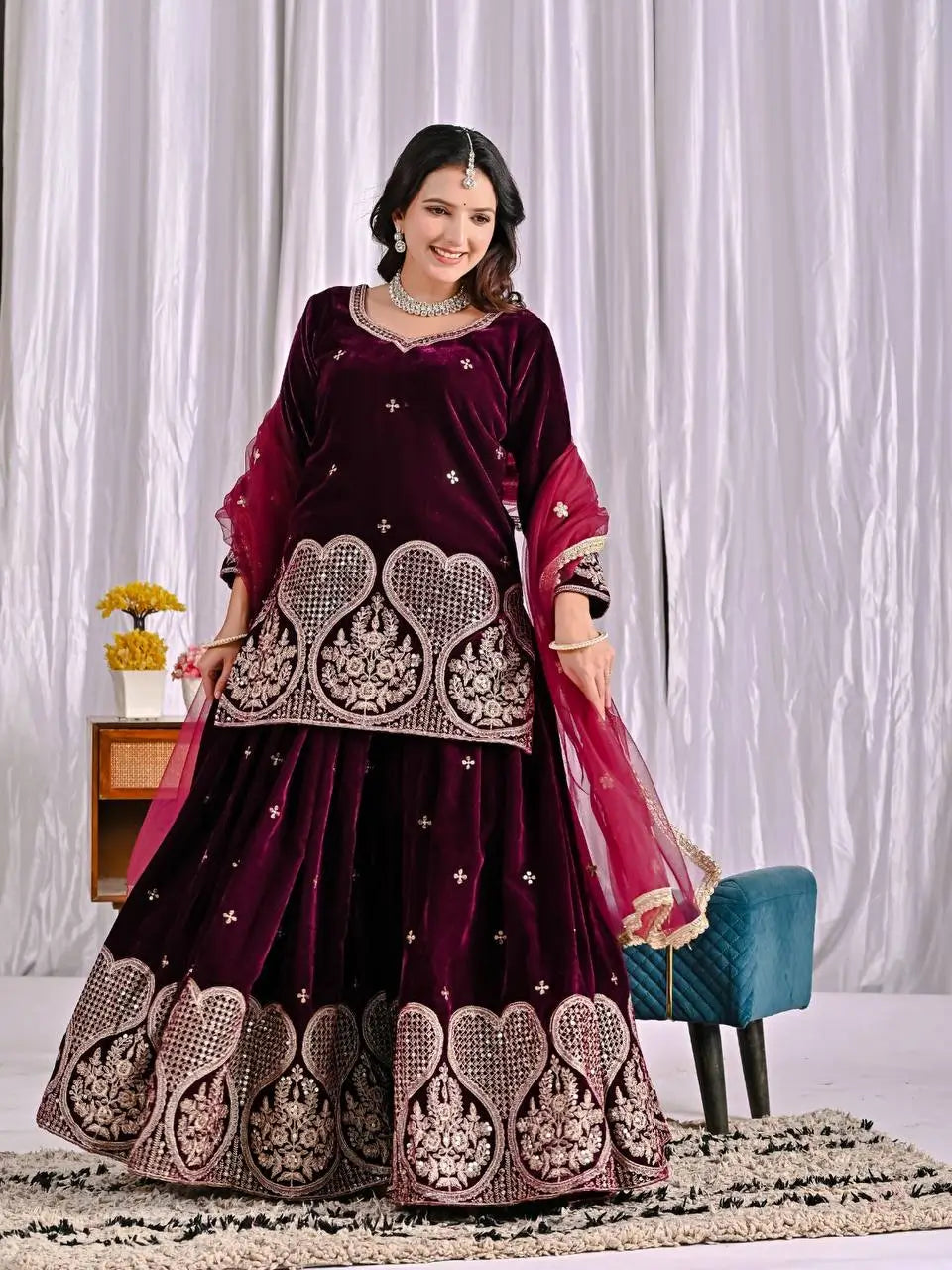 Embroidered Velvet Sharara Set