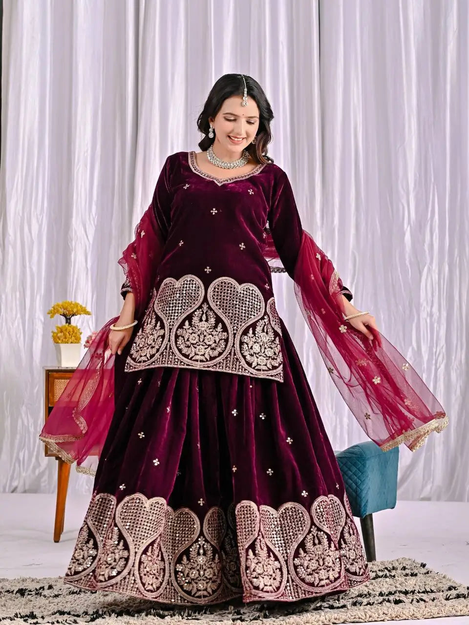 Embroidered Velvet Sharara Set