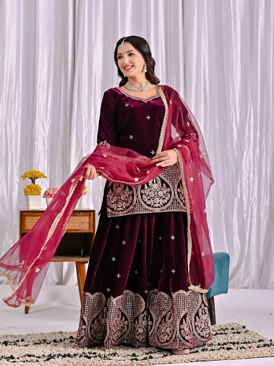 Embroidered Velvet Sharara Set