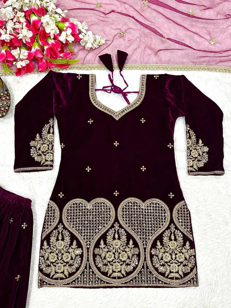 Embroidered Velvet Sharara Set