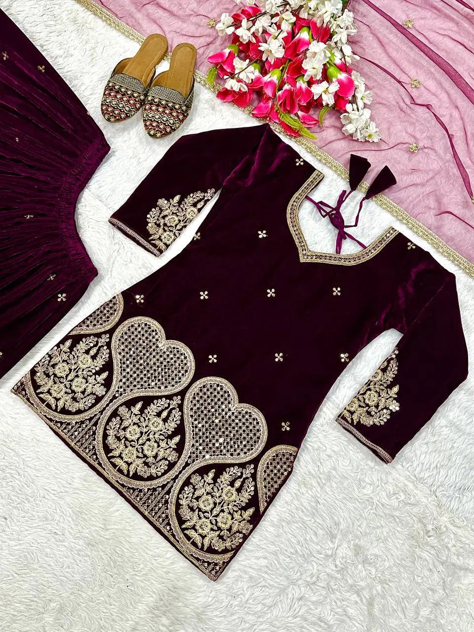 Embroidered Velvet Sharara Set