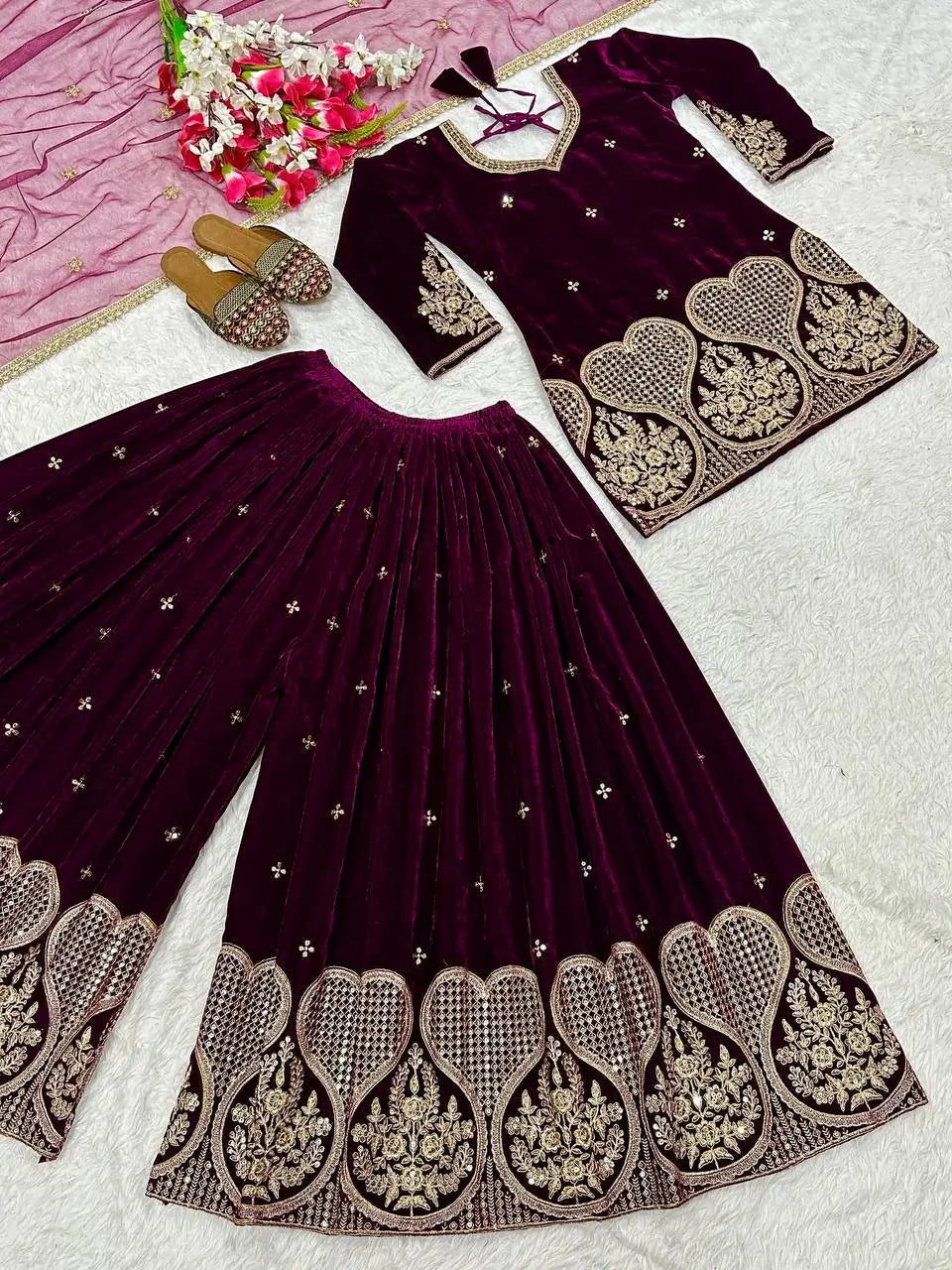 Embroidered Velvet Sharara Set