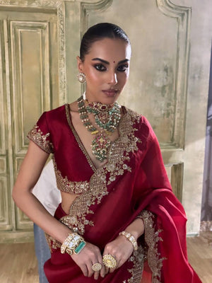 Red Space Satin Sequin Saree with Blouse