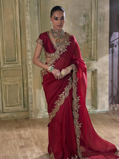 Red Space Satin Sequin Saree with Blouse