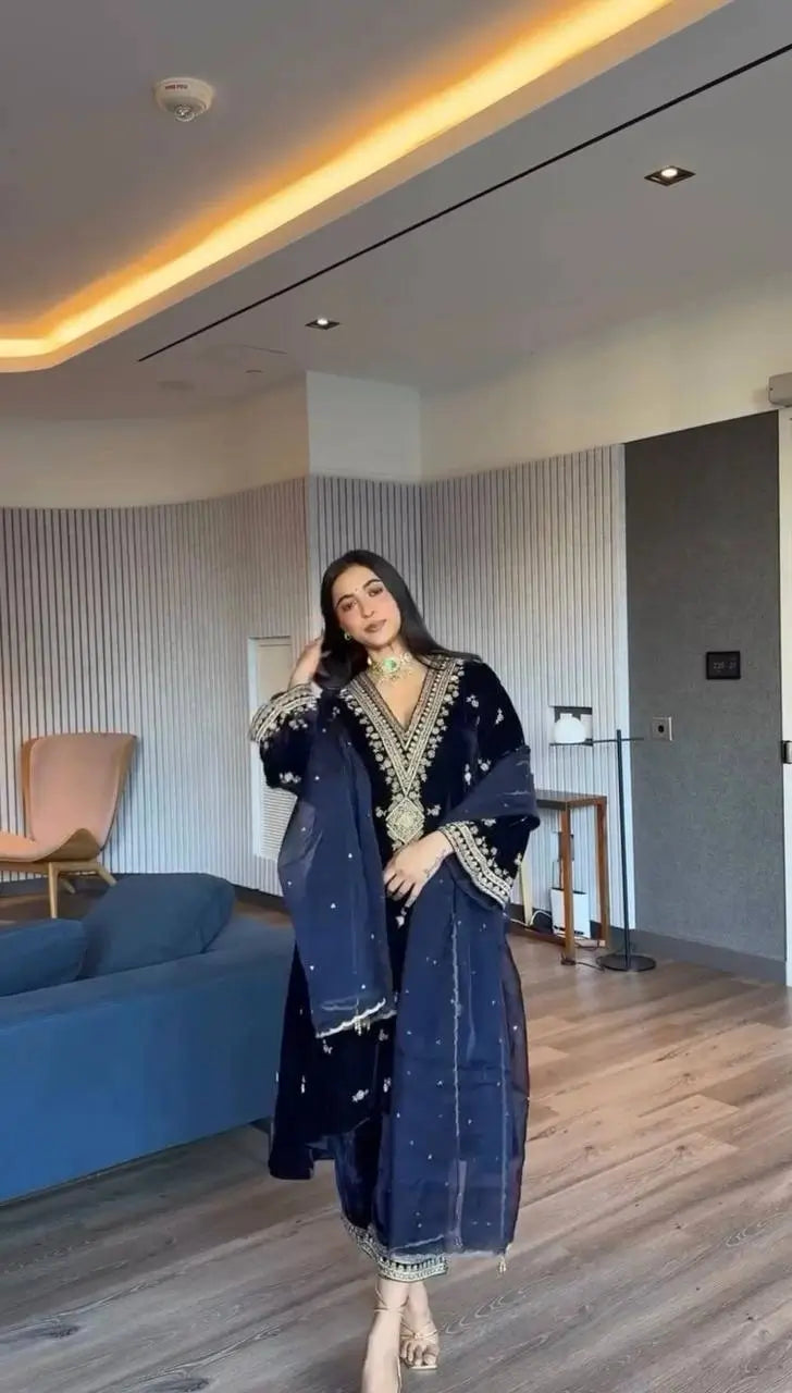 Embroidered Velvet Plazo Set