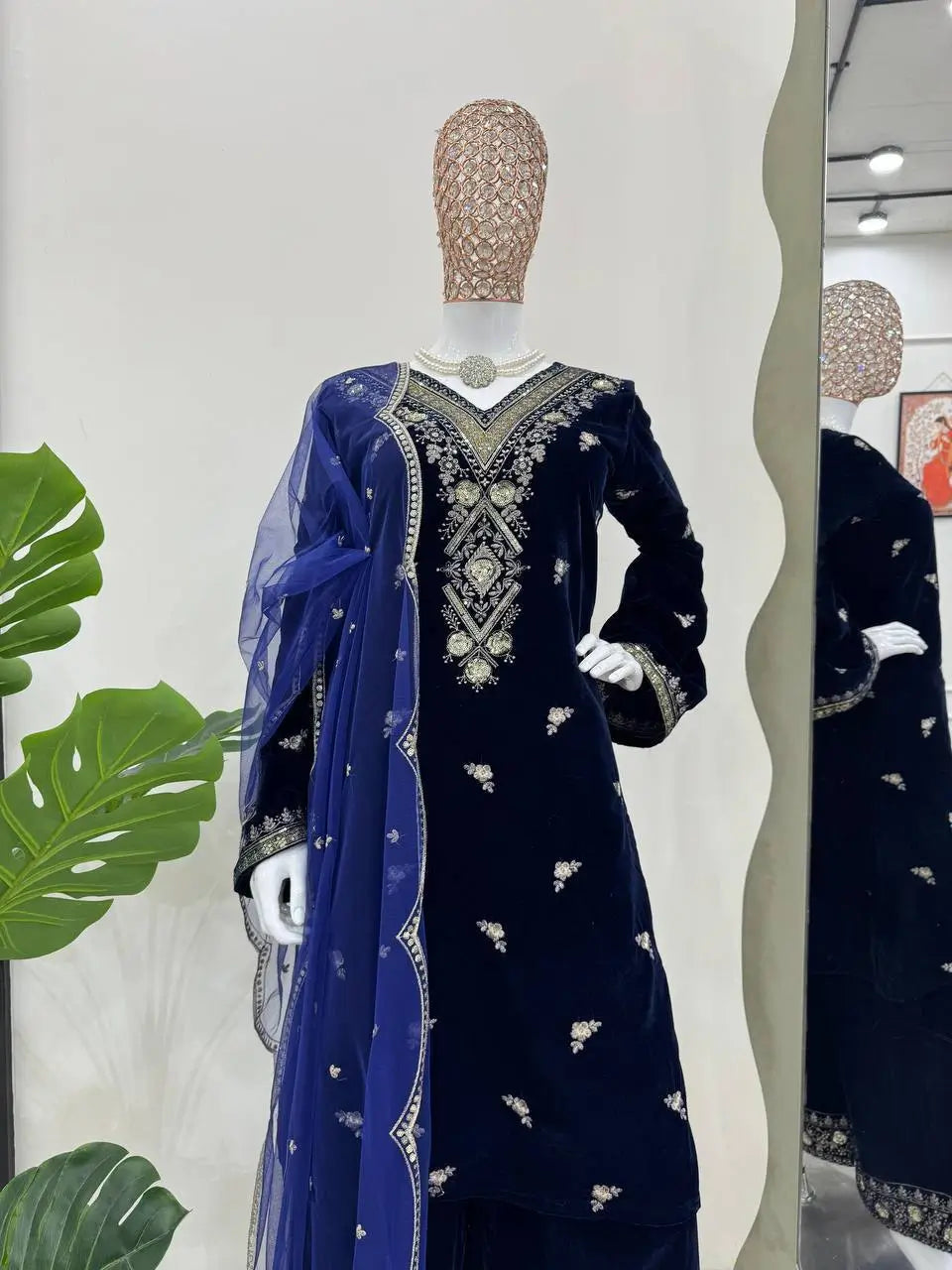 Embroidered Velvet Plazo Set