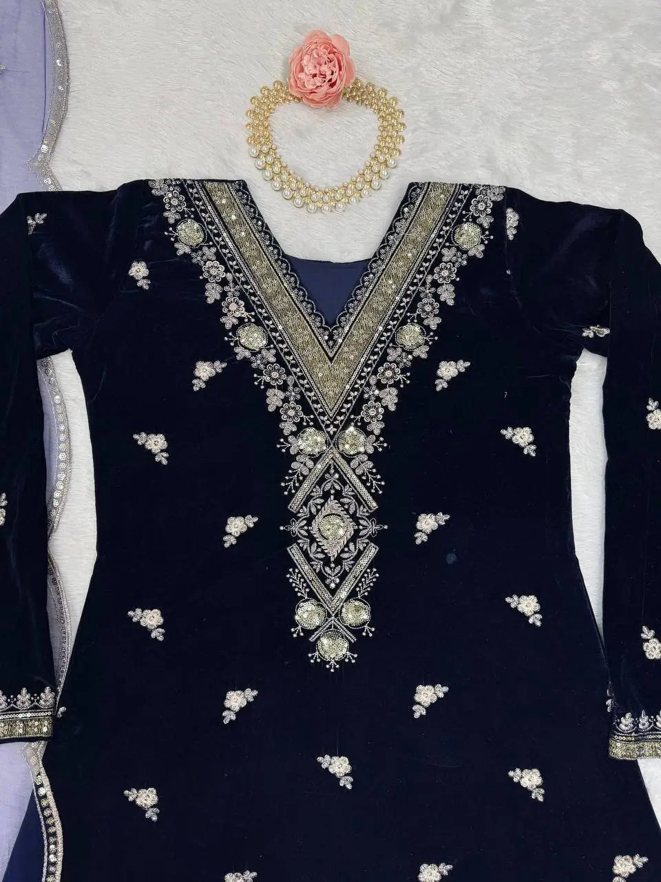 Embroidered Velvet Plazo Set