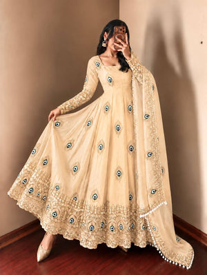 Ivory Peacock Feather Anarkali Gown