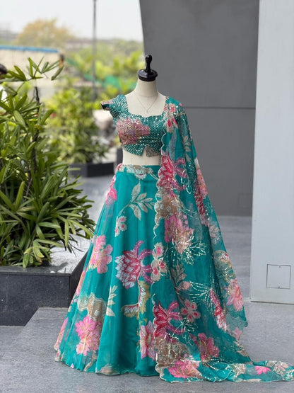 Yellow & Teal Floral Organza Lehenga with Batwa
