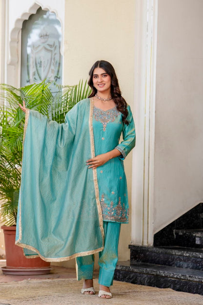 Aqua Green Satin Silk Kurta Set with Bead Work