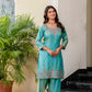 Aqua Green Satin Silk Kurta Set with Bead Work