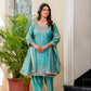 Aqua Green Satin Silk Kurta Set with Bead Work