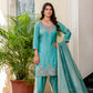Aqua Green Satin Silk Kurta Set with Bead Work