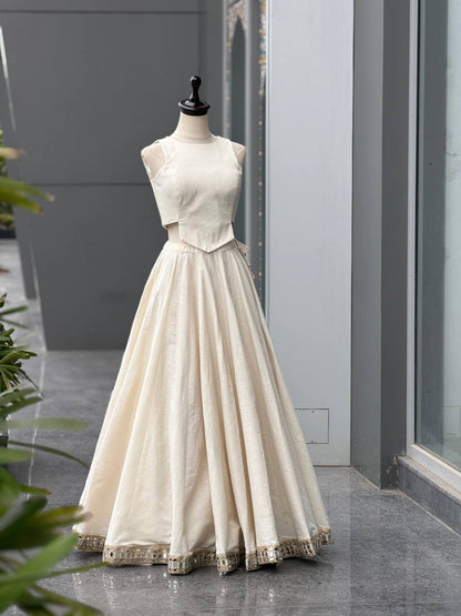 Ivory Khadi Cotton Mirror Work Lehenga