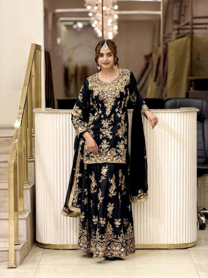 Sequin Embroidered Georgette Palazzo Suit