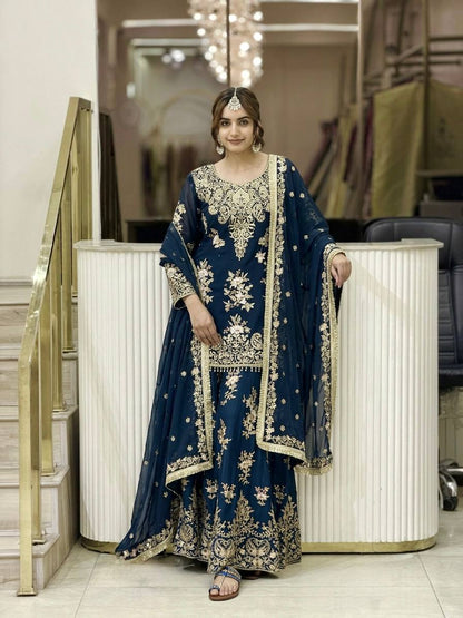 Sequin Embroidered Georgette Palazzo Suit