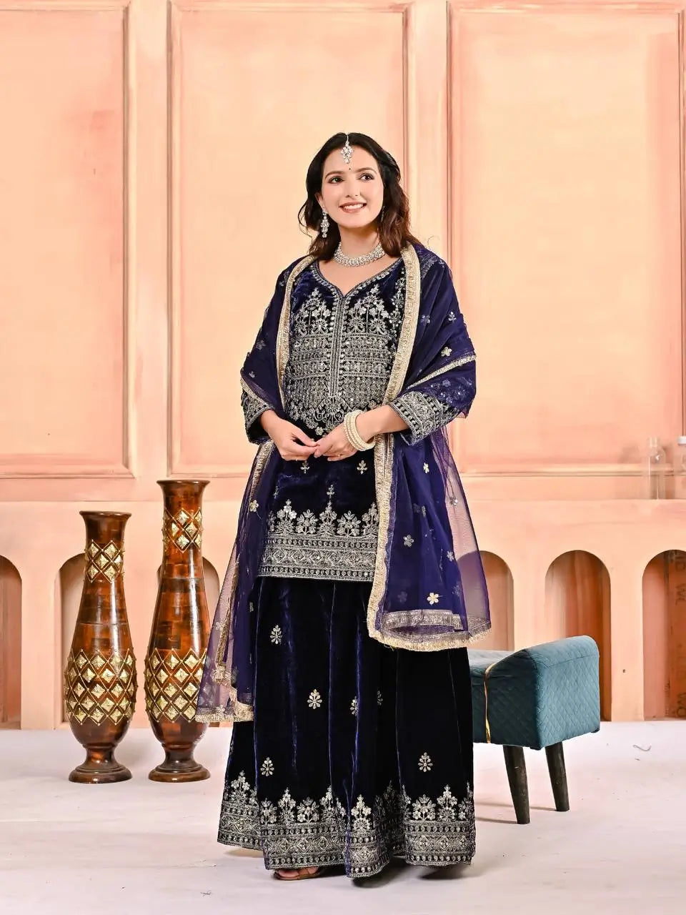 Embroidered Velvet Sharara Set