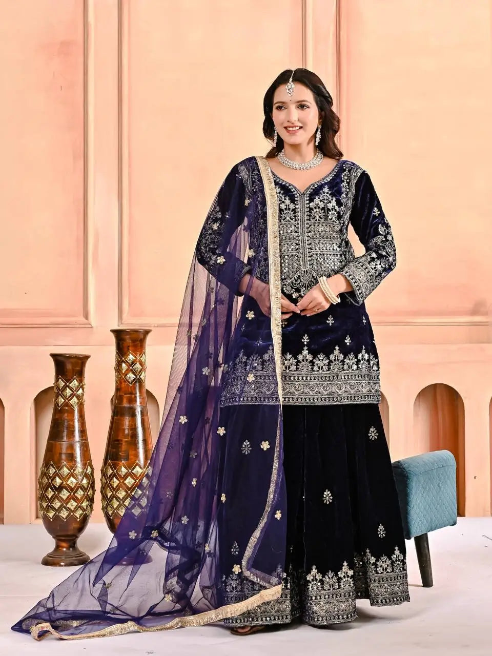 Embroidered Velvet Sharara Set
