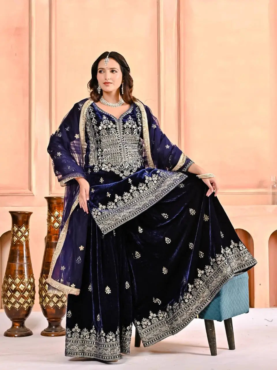 Embroidered Velvet Sharara Set