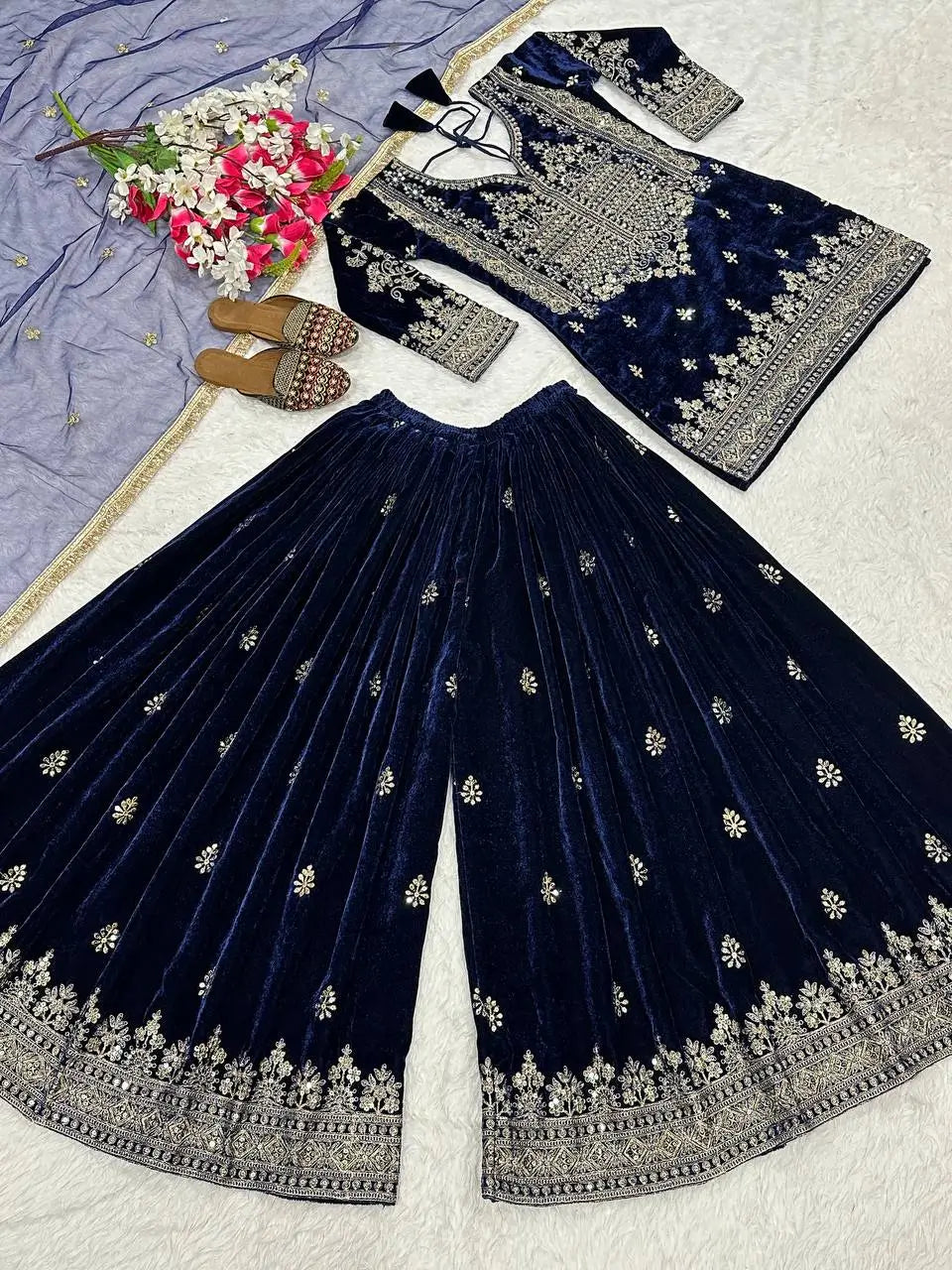 Embroidered Velvet Sharara Set
