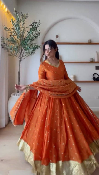 Orange Vichitra Silk Anarkali Lehenga Set