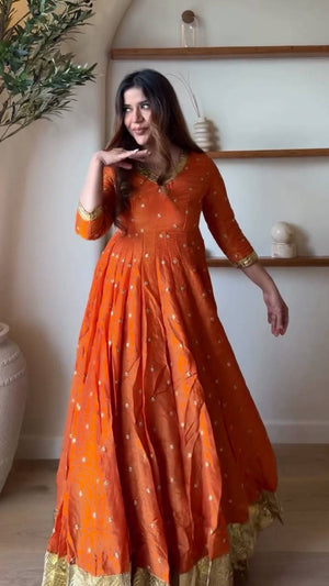 Orange Vichitra Silk Anarkali Lehenga Set