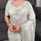 Ivory Silver Zari Embroidered Silk Saree