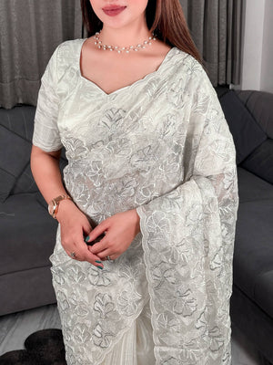 Ivory Silver Zari Embroidered Silk Saree