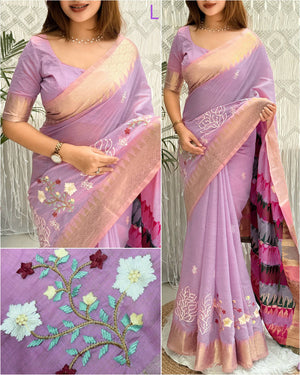 Lavender Tussar Cotton Embroidered Saree