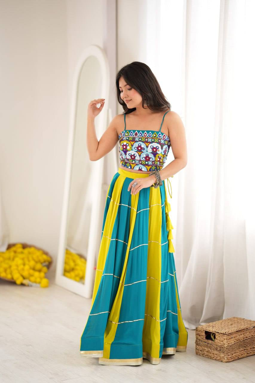 Teal Yellow Gota Patti Lehenga Choli Set