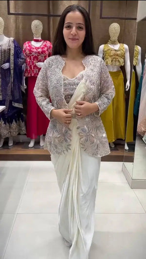 Designer Ready to Wear Crepe Silk Saree with Embroidered Koti for Wedding and Party Wear