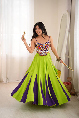 Parrot Green Mirror Work Lehenga Choli Set