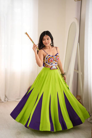 Parrot Green Mirror Work Lehenga Choli Set