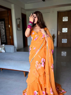 Orange Ruffle Lehenga Saree with Dupatta
