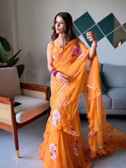 Orange Ruffle Lehenga Saree with Dupatta