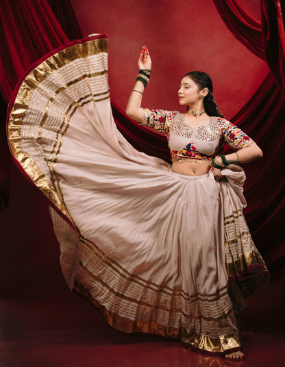 Ivory Mulmul Cotton Lehenga with Mirror Work