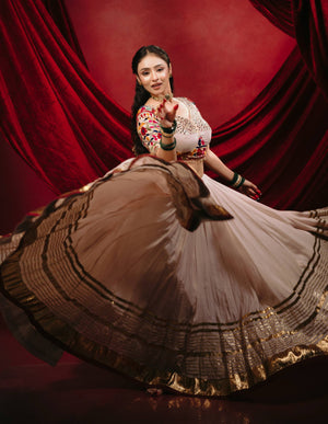 Ivory Mulmul Cotton Lehenga with Mirror Work