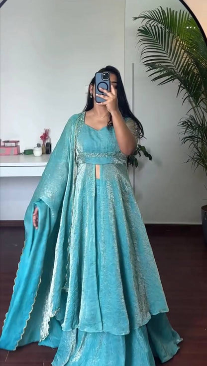 Aqua Front Slit Anarkali Palazzo Set
