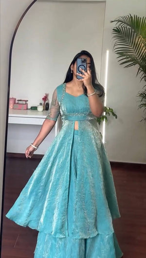 Aqua Front Slit Anarkali Palazzo Set
