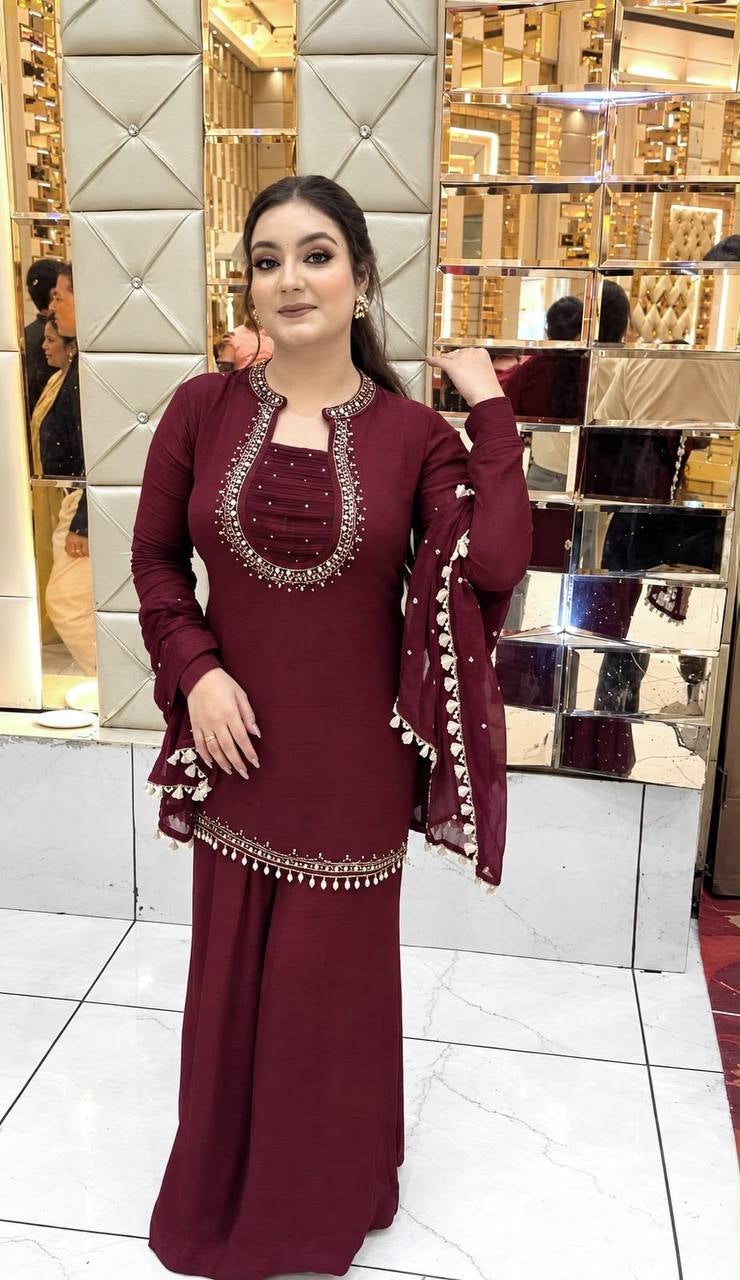 Maroon Mirror Work Kurta Palazzo Set