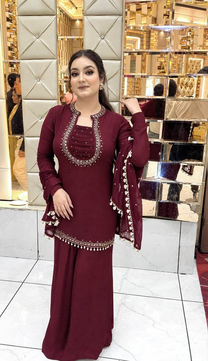 Maroon Mirror Work Kurta Palazzo Set