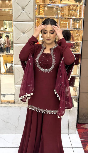 Maroon Mirror Work Kurta Palazzo Set