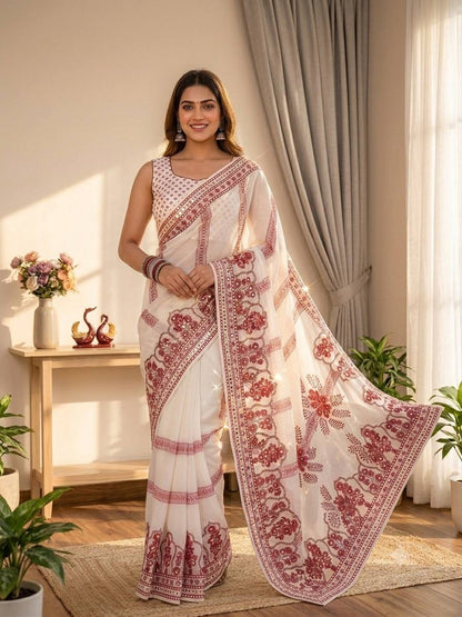 White Faux Georgette Mirror Work Saree