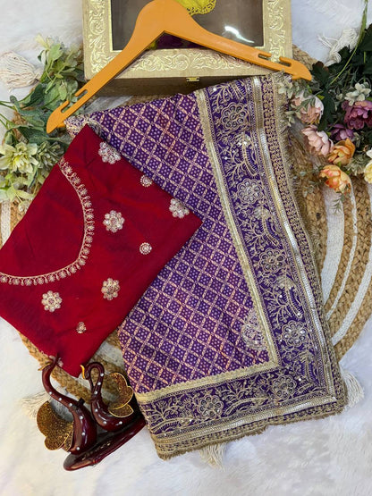 Purple Bandhani Print Chinon Silk Saree