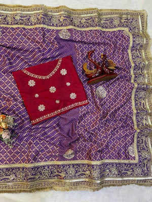 Purple Bandhani Print Chinon Silk Saree