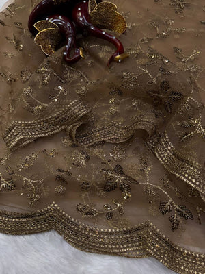 Gold Net Saree with Sequin Zari Embroidery