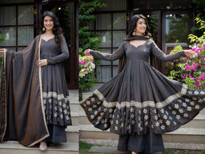 Charcoal Vichitra Silk Anarkali Palazzo Set