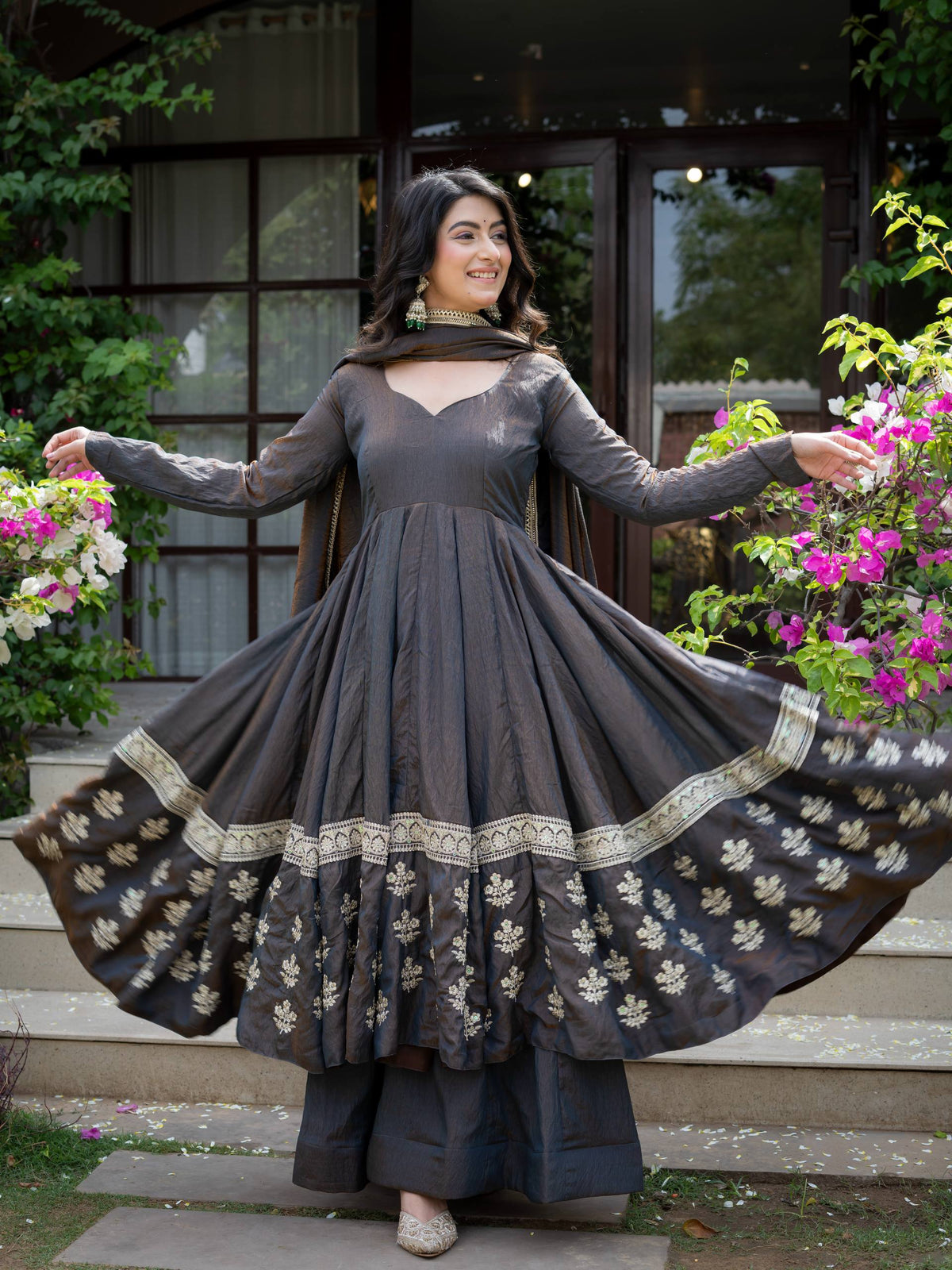 Charcoal Vichitra Silk Anarkali Palazzo Set