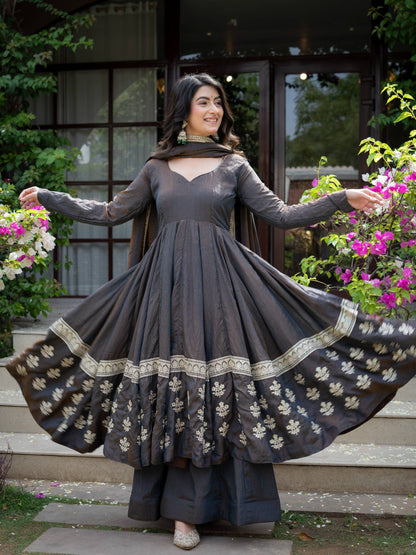 Charcoal Vichitra Silk Anarkali Palazzo Set